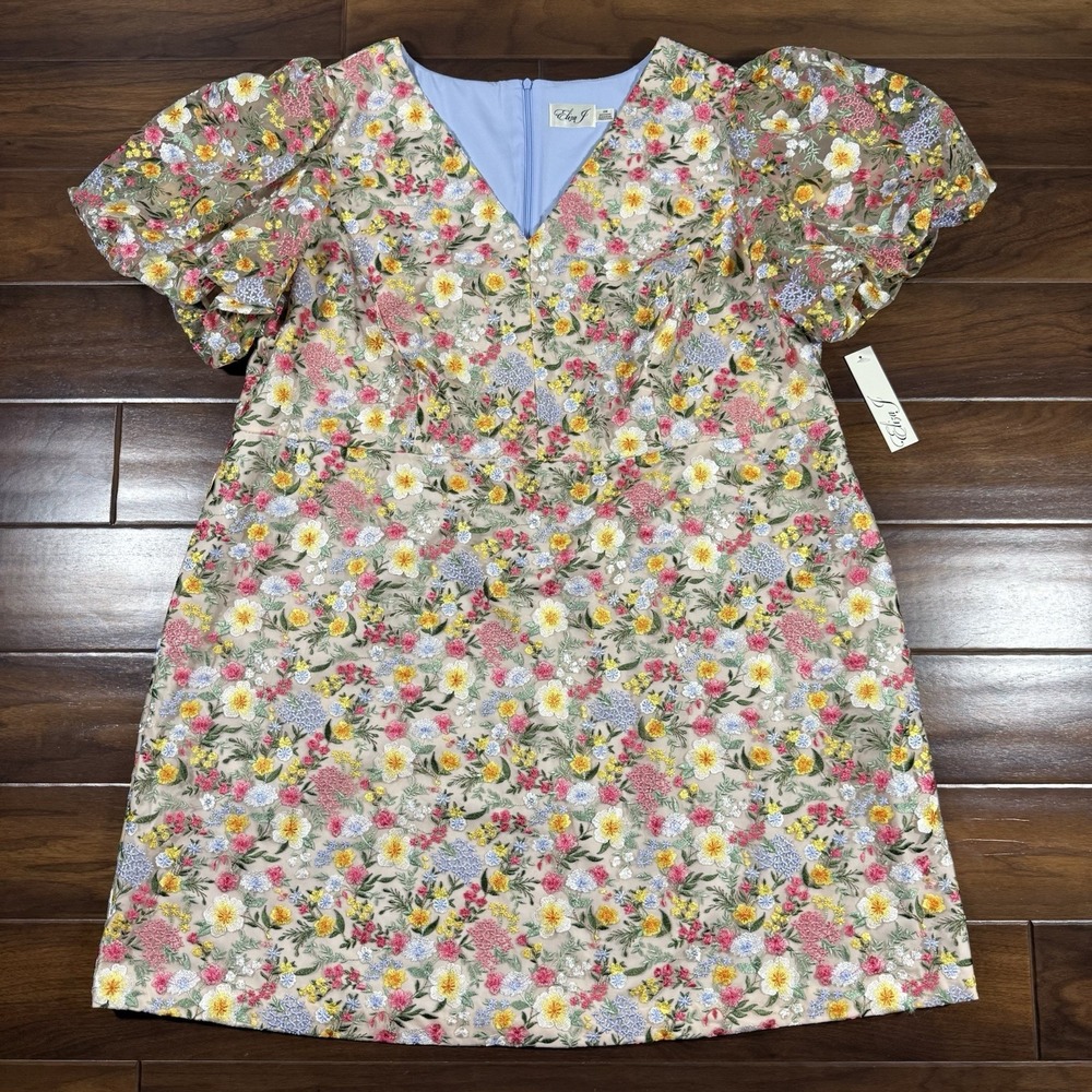 Eliza J Women's Size 24 W Floral Embroidered V Neck Puff Sleeve Mesh Dress